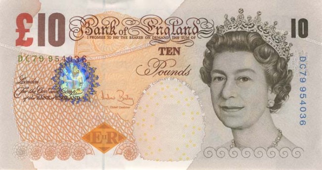 Фунт стерлингов Соединенного королевства. Купюра номиналом в 10 GBP, аверс (лицевая сторона).