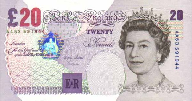 Фунт стерлингов Соединенного королевства. Купюра номиналом в 20 GBP, аверс (лицевая сторона).