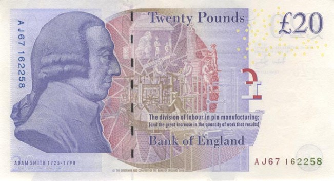 Фунт стерлингов Соединенного королевства. Купюра номиналом в 20 GBP, новая, реверс.