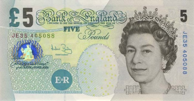Фунт стерлингов Соединенного королевства. Купюра номиналом в 5 GBP, аверс (лицевая сторона).